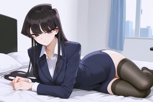 OL,office lady,on bed, bangs, long hair, black eyes,Black hair,Komi shouko,normal feet,mirham, black stockings