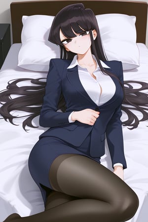 OL,office lady,lying on bed, bangs, long hair, black eyes,Black hair,Komi shouko,normal feet,mirham, black stockings