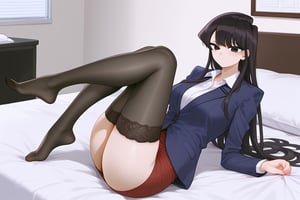 OL,office lady,on bed, bangs, long hair, black eyes,Black hair,Komi shouko,normal feet,mirham, black stockings