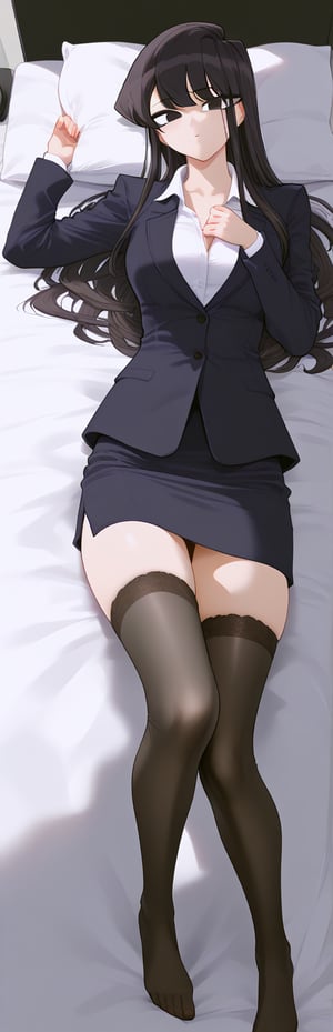 OL,office lady,lying on bed,normal feet,mirham, black stockings,sexy posture,Komi shouko,Black hair, black eyes, long hair, bangs