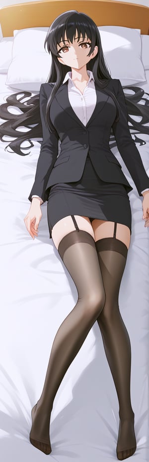 OL,office lady,lying on bed,normal feet,mirham, black stockings,sexy posture,anna yamada,long hair,bangs,black hair,brown eyes