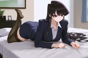 OL,office lady,on bed, bangs, long hair, black eyes,Black hair,Komi shouko,normal feet,mirham, stockings