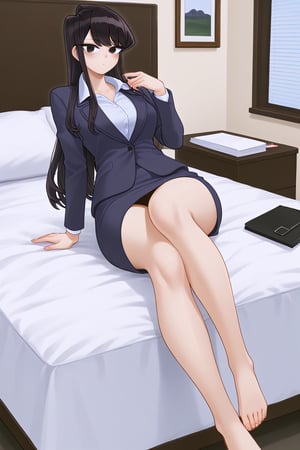 OL,office lady,on bed, bangs, long hair, black eyes,Black hair,Komi shouko,normal feet