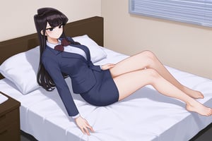 OL,office lady,on bed, bangs, long hair, black eyes,Black hair,Komi shouko,normal feet