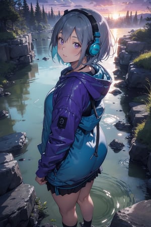 1 adult woman with a purple raincoat, short gray hair and retro headphones, top view, on a stream with rocks, muzgo and cyan frogs, in the background a red sunset and nebula,breakdomain