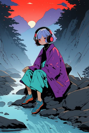 1 adult woman with a purple raincoat, short gray hair and retro headphones, top view, on a stream with rocks, muzgo and cyan frogs, in the background a red sunset and nebula,Ukiyo-e,ink,niji5