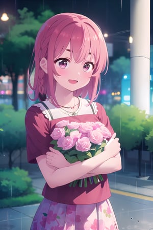 1girl, pink hair, medium hair,scenery,upper body, cowboy shot, red shirt, pink skirt, necktale(flower), night, rain, happy face:1.4, under a big tree, big tree cover girl from rain , 
floral print,flower shop,best quality,masterpiece,Spring,sumi sakurasawa,light, ,detail