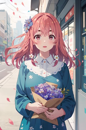 1girl, pink hair, medium hair, flower shop,scenery,portrait, upper body, cowboy shot, blue dress, (flower petals:1.4), windy, 
floral print,flower shop,best quality,masterpiece,Spring,sumi sakurasawa