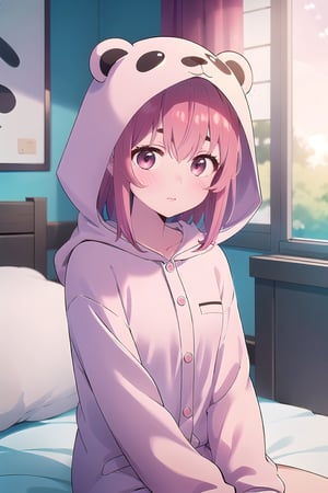 1girl, pink hair, medium hair,scenery,upper body, cowboy shot, panda pajamas:1.4, , hood, hood whit bear ears, hood up, bedroom, shy:1.4, sit on bed, lovely, best quality,masterpiece,Spring,sumi sakurasawa,light, ,detail,Flower