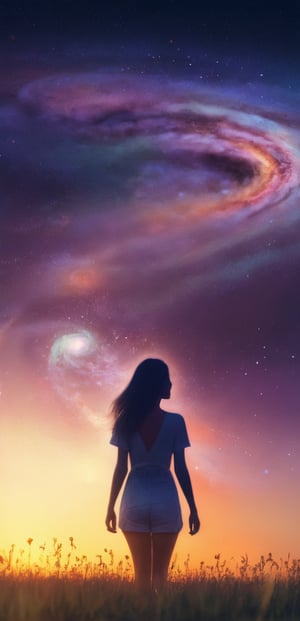 A close up fantastic image of a woman's outline containing the entire galaxy inside of her, as she stands in a field in summer at sunset, a soft aura surrounding her
Full ,hd more details, realistic 