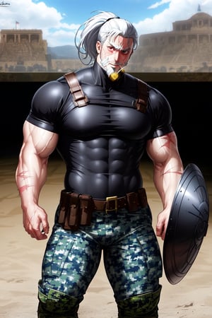 solo, looking at viewer, short hair, shirt, 1boy, 60 years old face, He wears a golden Spartan helmet on his head. ponytail, white hair, male focus, full body, multicolored hair, belt, Blue camouflage military pants with large wide spots, black shirt, muscular, abundant facial hair ,protruding veins on the face, crazy face, angry grimace, look at view, scar, abs, pectorals, muscular male, bara, beard, scar on face, large pectorals, mature male, mustache, tight, old, harness, old man, biceps, brown chest harness, cigarette in mouth, covered abs, a single knee pad on the right leg, tight shirt, black leather military boots, feet size 42, standing, He carries a Roman shield on his side on his left arm, spartan shield, shiny, traditional media, reflection, mirror, realistic, golden, a very large V engraved on the shield, defense position with shield