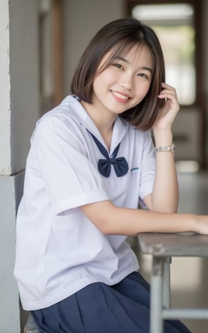 Young Thai woman sitting on a gray wooden chair Her hair is dark brown, in short hair, smiling. 

(white short sleeve shirt, Navy bow,Navy pleated skirt)