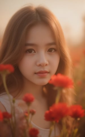 warm color gamut, cinematic ambience, soft focus, film grain, young girl with detailed eyes in a field of red flowers