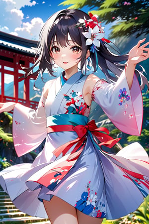 masterpiece, best quality, 8k, anime, ultra-high resolution, ultra-high quality, super bright scene, very bright backlighting, solo, japanese girl, 16 year old, beautiful and detailed eyes, high detailed asian dress, natural and soft light, delicate facial features, young beauty spirit , extrem high quality, shy smile, long curly black hair, slim body, dancing, beautiful japanese park, blue sky, a few white clouds, red and pink elegant dress, looking and smiling at viewer,  very slim face, full body view, Asian, very small breasts, perfect small breasts,GyokaiOnonoimokoStyle