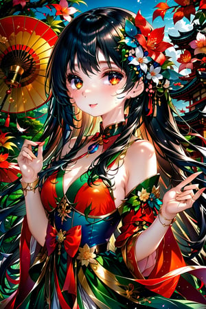 masterpiece, best quality, 8k, anime, ultra-high resolution, ultra-high quality, super bright scene, very bright backlighting, solo, japanese girl, 16 year old, beautiful and detailed eyes, high detailed asian dress, natural and soft light, delicate facial features, young beauty spirit , extrem high quality, shy smile, long curly black hair, slim body, dancing, beautiful japanese park, blue sky, a few white clouds, red and gold elegant dress, looking and smiling at viewer,  very slim face, full body view, Asian, very small breasts, perfect small breasts,GyokaiOnonoimokoStyle