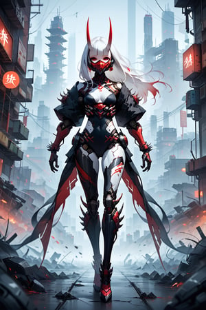 full body albino woman oni samurai mecha  ,  mask, white hair, robot, science fiction, android, cyborg, robot joints, cyberpunk, mechanical parts, mask, blunt bangs, oni, horns, metallic, spikes, black and gold and red, background city of neon tokio 
