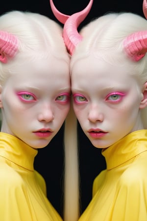 hyper realistic photography, 2d render, 8k, albino twins models demons, all inYellow and pink