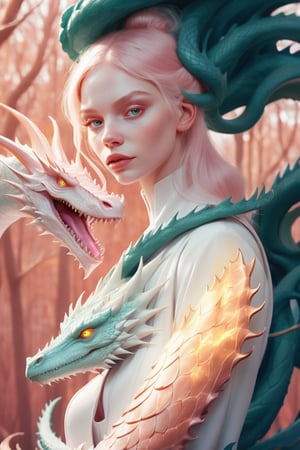 albino woman and dragon,  ilustration style loish style  all in nacar and rosegold , , background forest