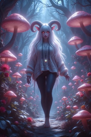 Gorgeous plump tiefling  with sparkling opalescent ram horns and tight knit sweater king size with leggings walking in a magical mushroom forest, long soft white hair with bangs, perfect eye makeup and winged eyeliner, ample feminine curves, soft lipstick, neon details, is a mystical force of nature worshipped by the beings of light that shine around her, the background is a glowing flower forest, fully clothed, Sparkle G,CozySpookyStyle