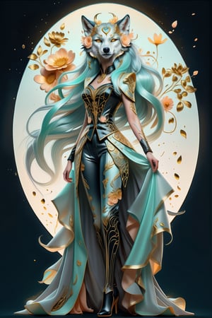 Hyper-realistic, highly detailed,1 wolf in tuxedo , in mint and peach, detailed skins,Realistic Blue Eyes,, backgroun atardecer en la ciudad Aries zodiac sign girl with golden horns and glowing eyes, surrounded in the style of gold flowers, fantasy art style, anime illustration, dark background, yellow light shining on her face, high resolution, high quality