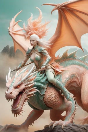 albino woman reaper warrior,riding dragon 
,all in mint and peach, backgrund gigant dragon in a battle,Rong,Long,DRAGON,Dragon