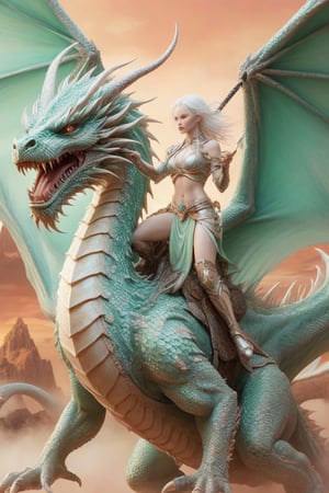 albino woman reaper warrior,riding dragon 
,all in mint and peach, backgrund gigant dragon in a battle,Rong,Long,DRAGON,Dragon