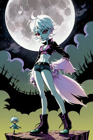 caricature realista of full body albino  pixie  woman , model boho style, full moon    Dibujante(s): Jamie Hewlett, Philip Bond, Glyn Dillon, Ashley Wood, Jim Mahfood, Rufus Dayglo, Andy Pritchett, Mike McMahon