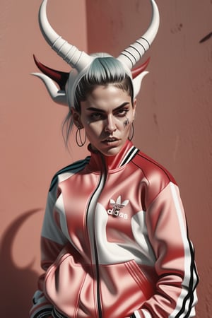 realistic photograph, render 2d, 8k, unsetting  of a FULL BODY  demon albine woman model adidas WHIT campera adidas vintage IN varios colors  , , backgroun callejon lloviendo  , rock star style