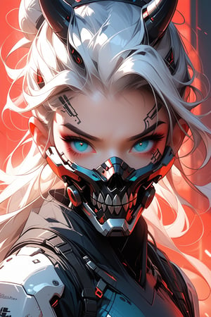  a chibi-style character with a futuristic and cyberpunk aesthetic. The character has pale white hair styled in a high bun with aqua blue tips. They have elf-like ears, sharp eyebrows, and glowing, multicolored eyes. The character wears a high-tech mask with neon accents and horns protruding from the head, creating a devilish appearance. The outfit is a combination of sleek, armored pieces with Chinese characters on the chest, exuding a high-tech warrior, in tokio 