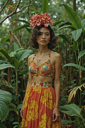 tigerlily in the jungle. she is wearing flowers and a bast skirt. in style of petra collins. 1950s. grain