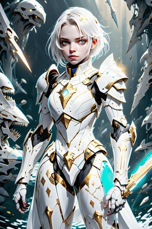 muted colors,albino mecha woman knight wearing white armor with gold accents, eerie, ethereal, semi realistic comic, gold foil accents. She is in a battle in the water