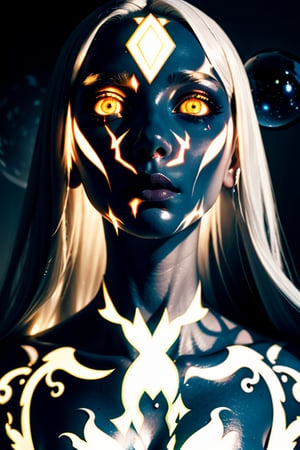 "Create an image of a surreal albino woman with a futuristic and ethereal appearance. Her skin should be pale and luminous, adorned with intricate patterns and glowing orbs. She has long, flowing white hair and striking, otherworldly eyes. The background should be dark and atmospheric, enhancing the ethereal glow emanating from her figure."






