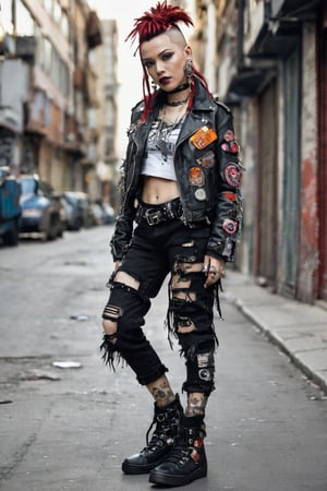 fotografia hiper realista ,FULL BODY A womans punk rocker, dressed in a rebellious fusion of avant-garde fashions.hip hop sneakers dancing in the street (standing: 1.2), ripped mesh details, embellished with punk-inspired patches and brooches. Septum earrings, more calls, tattered dreadlocks, more patches, dirty, torn and spiked anti-union leather jackets, hardcore punk style jackets, punk badges, combat boots tied to legs, Rebellin, Dal, Emo orange, trainig hp hop
