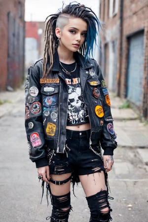 FULL BODY A punk rocker, dressed in a rebellious fusion of avant-garde fashions.hip hop sneakers dancing in the street

(standing: 1.2), ripped mesh details, embellished with punk-inspired patches and brooches. blue eyes , long dread hair , Septum earrings, more calls, tattered dreadlocks, more patches, dirty, torn and spiked anti-union leather jackets, hardcore punk style jackets, punk badges, combat boots tied to legs, Rebellin, Dal, Emo orange, trainig hp hop , landscape view , all in neon colors touch 