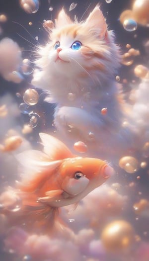 (A cute cat chasing a goldfish on a fluffy soap bubble, fluffy glitter, twirling star streams, effective lighting from a distance), RAW photo, Unreal Engine, Octane Rendering, Ultra High Quality, Ultra High Resolution, Surreal, Color Correct, Good Lighting Settings, Good Composition, Very Low Noise, Sharp Edges, Harmonious Composition, Ultra Precision, Masterpiece,acryli painting,3D,PVC,Ink art style