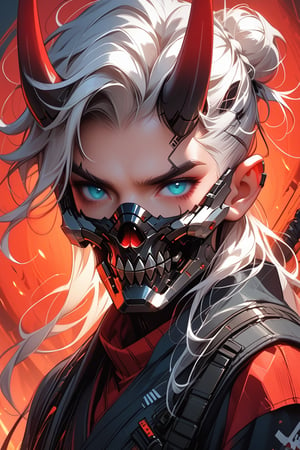  a full boy  chibi-style character with a futuristic and cyberpunk aesthetic. The character has pale white hair styled in a high bun with aqua blue tips. They have elf-like ears, sharp eyebrows, and glowing, multicolored eyes. The character wears a high-tech mask with neon accents and horns protruding from the head, creating a devilish appearance. The outfit is a combination of sleek, armored pieces with Chinese characters on the chest, exuding a high-tech warrior, in tokio 