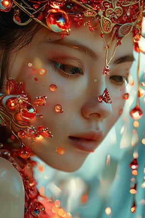 side angle shoot, beautiful goddess, perfect sweet face and eyes, Alcohol ink, splatter art, multicolor oil painting, Miki Asai Macro photography, Fantastic Realism and Sharp Focus, Mysterious Filigree Elements, filigree red drops, filigree colored buterflies, Glowing Accents, fantasy art, watce, golden appear naturally, symmetrical, glowing crystals