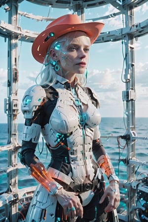 **1 albino woman, solo, long white hair, looking at viewer, hat, dress, jewelry, closed mouth, standing, white hair, cowboy shot, earrings, belt, indoors, coral dress, armor neon mint , lips, mint eyes, cross, shoulder armor, gauntlets, ciborg cap, arms at sides, mechanical arms, cyborg, coral earrings, swing in the ocean sky 