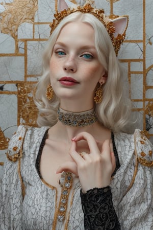 1 albino woman , solo, long hair, smile, blue eyes,gothic clothes and  jewelry, closed mouth, white hair, earrings, choker, lips, animal, black choker, cat, looking up, portrait, freckles, on head, animal on head, cat on head
