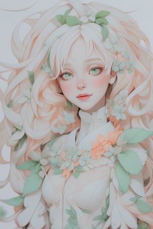 albino woman, all in mint and peach, floral white background 