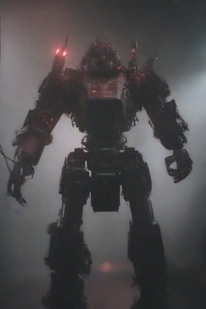 a mecha men tomando una ducha en dutch angle photo silhouette in a greasy factory machinery with red lights piercing the dense fog, low light, dark mode