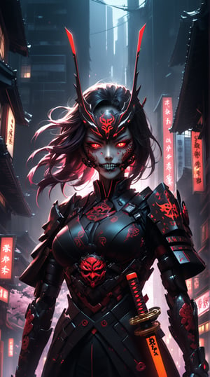 Create a woman supervillain character inspired by Japan. This villain should wear a menacing, high-tech samurai armor, blending traditional elements with modern technology. The armor is sleek and dark, adorned with glowing red accents and intricate designs. The villain's mask features a fearsome expression, with sharp teeth and glowing red eyes, exuding an aura of intimidation. They wield a robotic katana with an energy blade that crackles with power. Surround the villain with a dystopian cityscape, combining neon-lit skyscrapers and shadowy traditional Japanese architecture. Mist and shadows envelop the scene, enhancing the ominous atmosphere, while cherry blossoms fall gently in the background, contrasting the dark theme with a touch of delicate beauty." ensuring a richly textured and visually striking image.