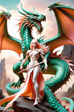 albino woman reaper warrior,
rasperry all in mint and peach, backgrund gigant dragon in a battle,Rong,Long,DRAGON,Dragon