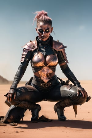 hiper realista, render 2d, 8k, full body demon zombie womans in pose of battle sit in upe4 one card ,mad max style , all in rose gold ,  nacar, black,  more detail XL,more detail XL, cards apocaliptics in the backgruond 