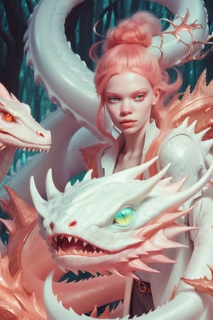 albino woman and dragon,  ilustration style loish style  all in nacar and rosegold , , background forest