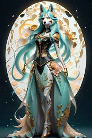 Hyper-realistic, highly detailed,1 wolf in tuxedo , in mint and peach, detailed skins,Realistic Blue Eyes,, backgroun atardecer en la ciudad Aries zodiac sign girl with golden horns and glowing eyes, surrounded in the style of gold flowers, fantasy art style, anime illustration, dark background, yellow light shining on her face, high resolution, high quality