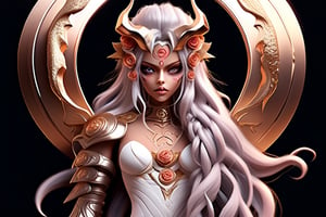  hyper realistic full body a beautiful demons womnan  , long messy white hair,whit rose accesories,  very detailed beautiful eyes.  Very detailed, ,-vista aerea, all in rose gold, onix shinenacarneoniridicentemulticoloresciberpunk, tatoo moon , eclipses, shine

