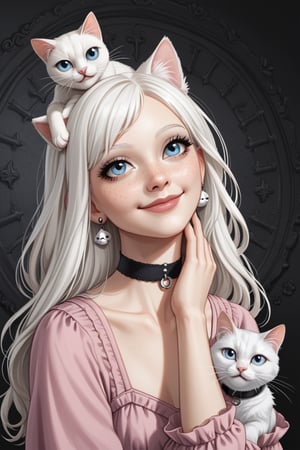 1 albino woman , solo, long hair, smile, blue eyes,gothic clothes and  jewelry, closed mouth, white hair, earrings, choker, lips, animal, black choker, cat, looking up, portrait, freckles, on head, animal on head, cat on head
