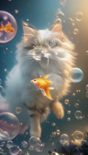 (A cute cat chasing a goldfish on a fluffy soap bubble, fluffy glitter, twirling star streams, effective lighting from a distance), RAW photo, Unreal Engine, Octane Rendering, Ultra High Quality, Ultra High Resolution, Surreal, Color Correct, Good Lighting Settings, Good Composition, Very Low Noise, Sharp Edges, Harmonious Composition, Ultra Precision, Masterpiece,acryli painting,3D,PVC,Ink art style