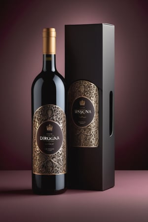 packaging de un vino tinto generalmente incluye una botella de vidrio oscuro, una etiqueta informativa y atractiva, una cápsula protectora y, en algunos casos, una caja o estuche especial. El diseño gráfico y los detalles específicos pueden variar según la marca y el estilo del vino. all in  borgoña and silver and gold , luxury details 